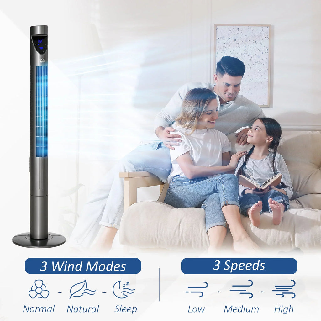 Tower Fan Bedroom 12H Cooling Oscillating, and Filter, for 3 Speeds, Timer, Remote Control, with Air 46" Grey HOMCOM