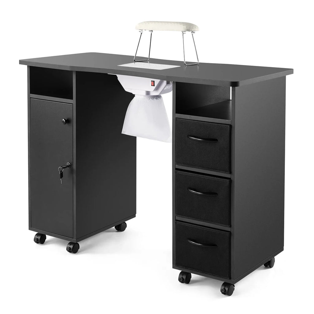 Nail Beauty Station Artist Table Desk Hand Wrist with Electric Cushion, Drawers, Wheels, Shelves Lockable Black Downdraft Manicure Vent,