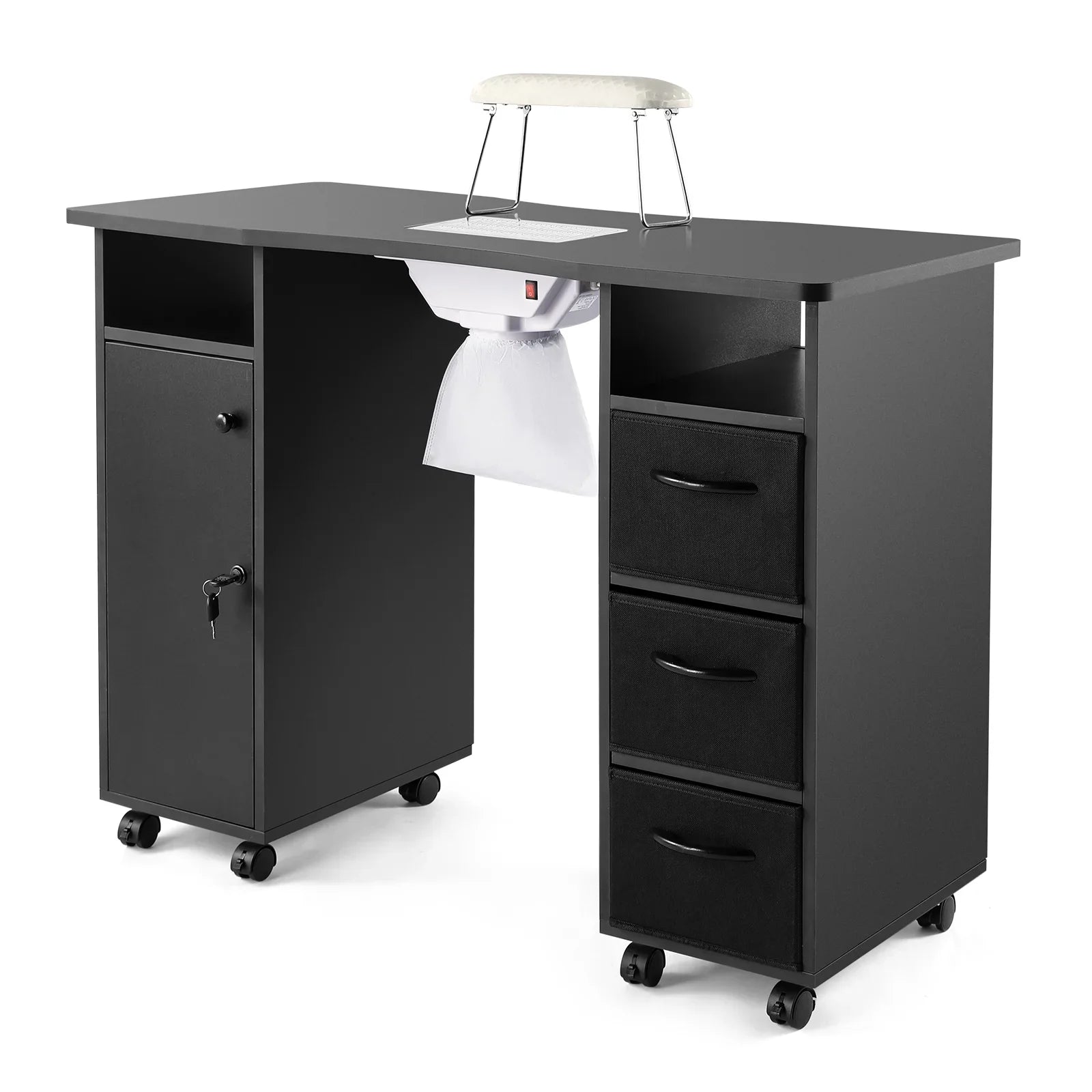 Nail Beauty Station Artist Table Desk Hand Wrist with Electric Cushion, Drawers, Wheels, Shelves Lockable Black Downdraft Manicure Vent,