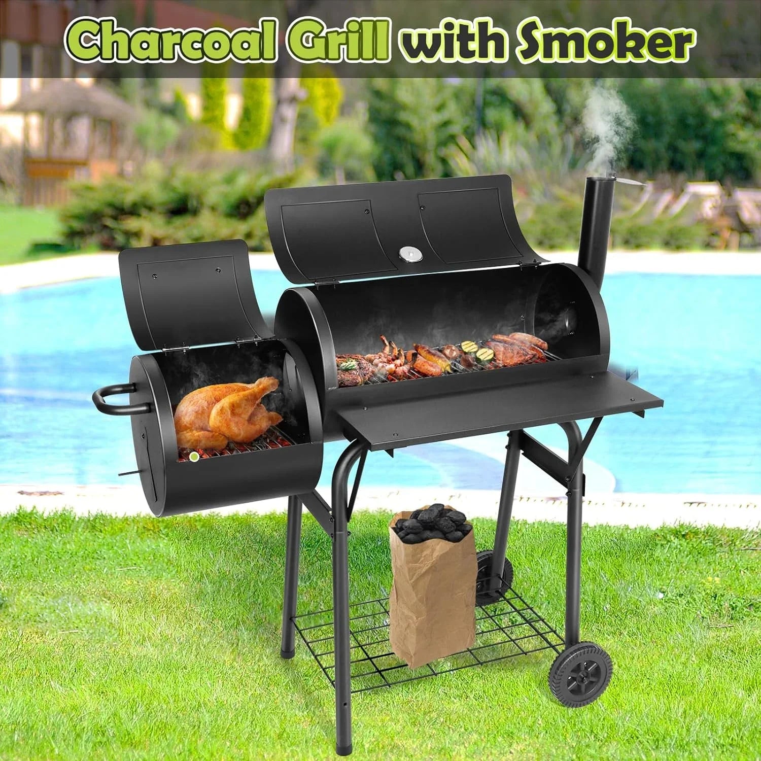 Party Picnic, 2 Offset Camping 6 Area, Grill, Charcoal & Grill 420.SQ.IN Smoker, for Large with Barbecue BBQ Black Grill Barrel Screwdrivers Backyard Hooks Garden Cooking Patio Outdoor -