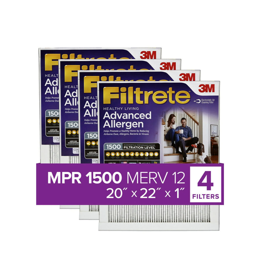 3M, by Air Filters Reduction Allergen Captures 1500 4 Bacteria, Viruses, HVAC Furnace Filter, 12, Allergens, Filtrete MPR, Advanced MERV 20x22x1,