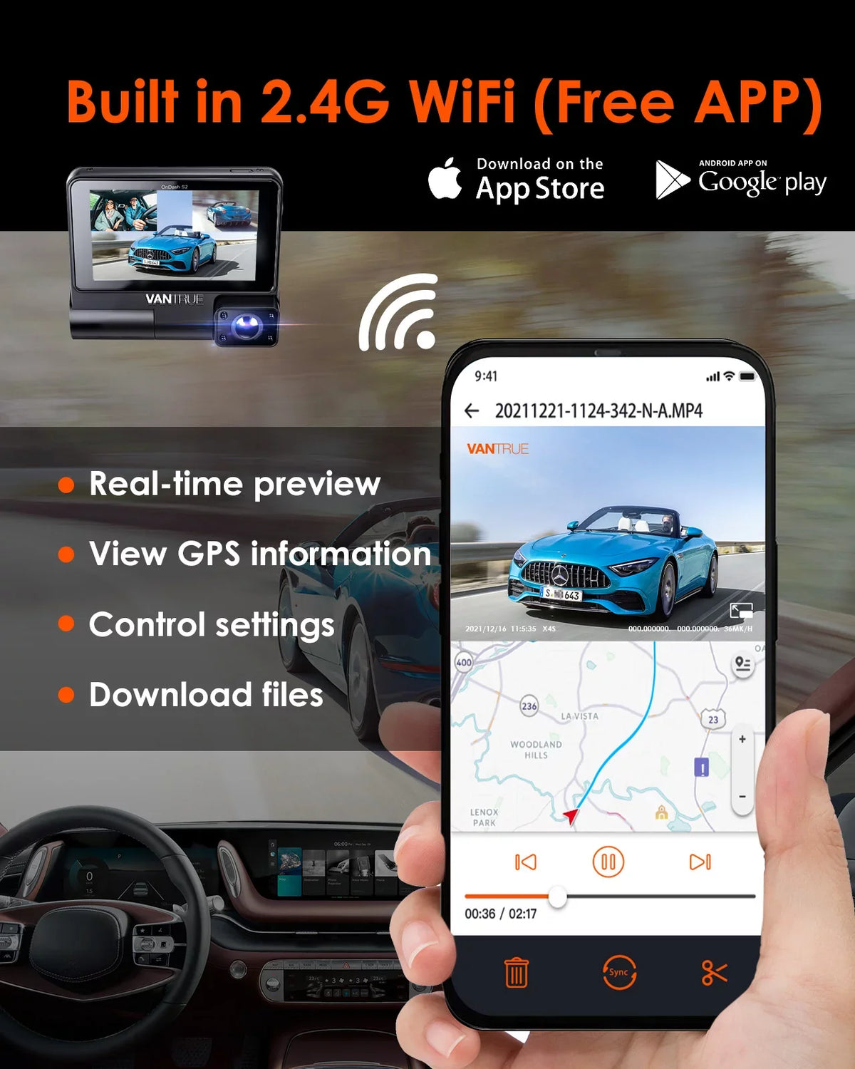 Supercapacitor Monitor, 30FPS 360° Wide S2 WiFi Dash 3 Vantrue Angle, +1080P 3 Screen IPS in, Parking built Car Camera with GPS Channel inch Touchable 2K Front+1080P Nearly Rear Cam, Interior 24h