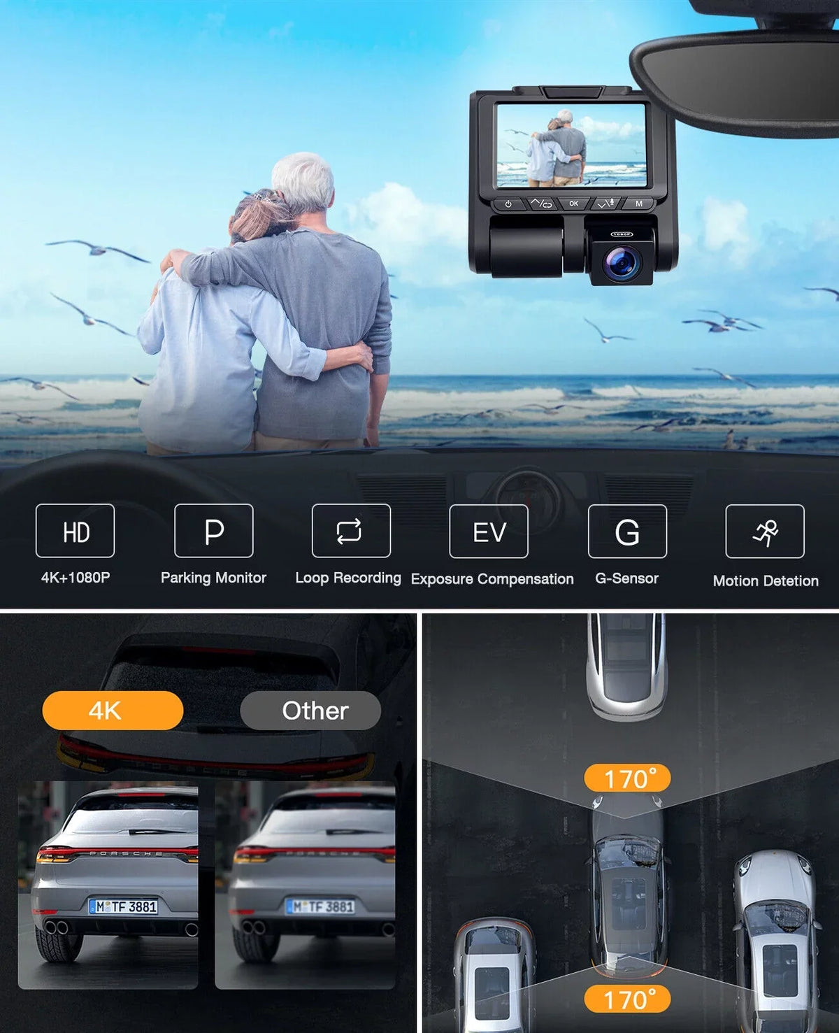 3" Dash Screen Loop G-Sensor and Dash Front Camera 4K Mode Cam Camera 4K+1080P Parking TOGUARD Recording LCD Car Inside