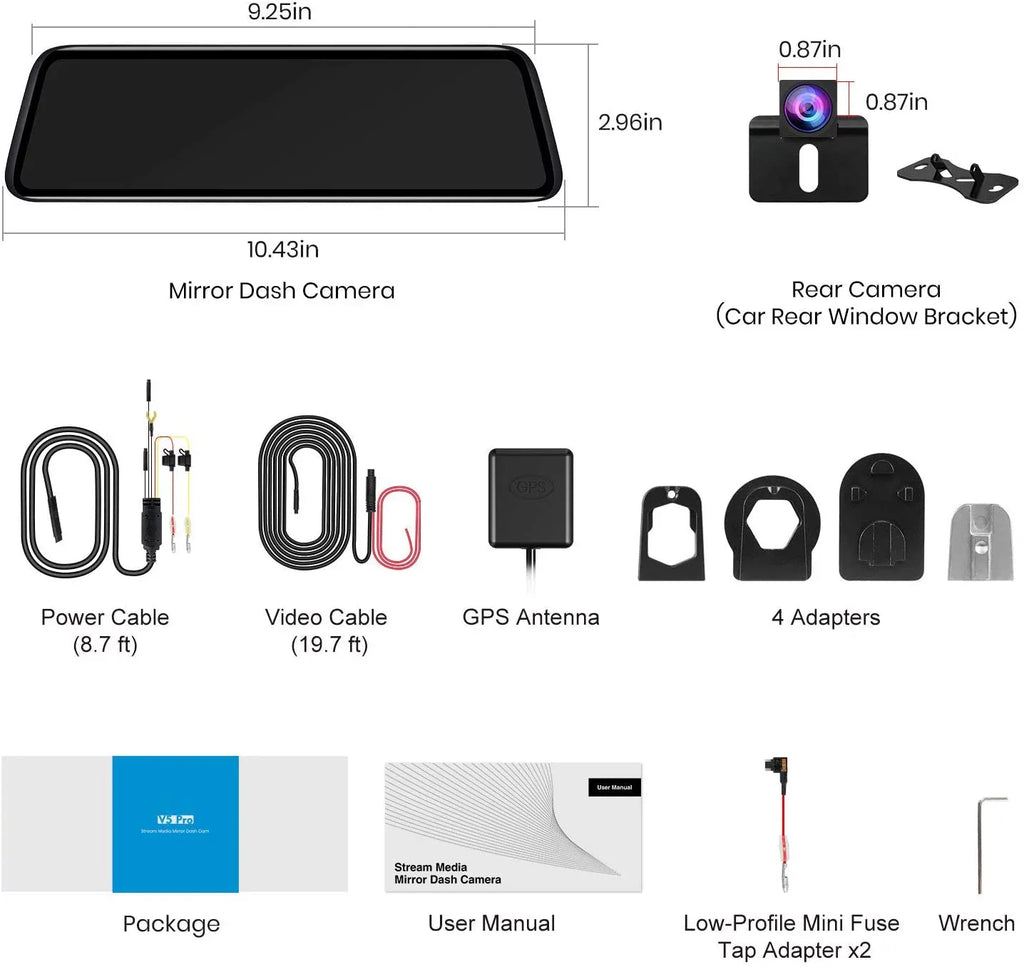 Recorder Dash Dual Smart HD Full Rear Screen Camera Touch View Cam Driving 9.35inch Mirror Backup Auto-Vox Reverse