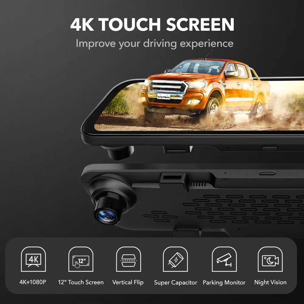Full Dash Camera, Dash GPS Mirror 32GB Card Rear with Screen, 4K Mirror Backup Parking & Touch 12" Camera Free Cam, Monitor, View WOLFBOX