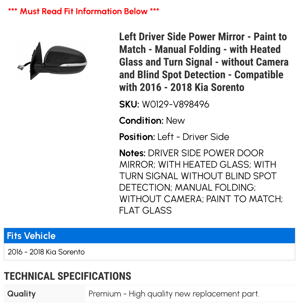 and Compatible Kia 2017 - Heated - Power Folding Match - Manual Blind Paint to 2018 2016 and Turn Left Spot with without Driver Mirror Camera Signal - Glass with - - Detection Sorento Side