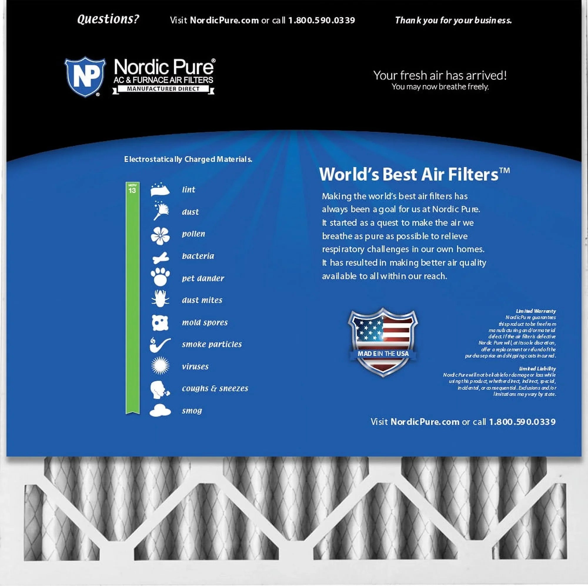 Pack 20x20x2 Filters Air Pleated Pure MERV Nordic 3 13