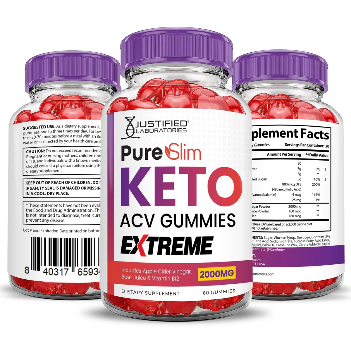 Dietary 120 Keto Extreme (2 Pack) Gummies Gummys ACV Pure Slim 2000mg Supplement