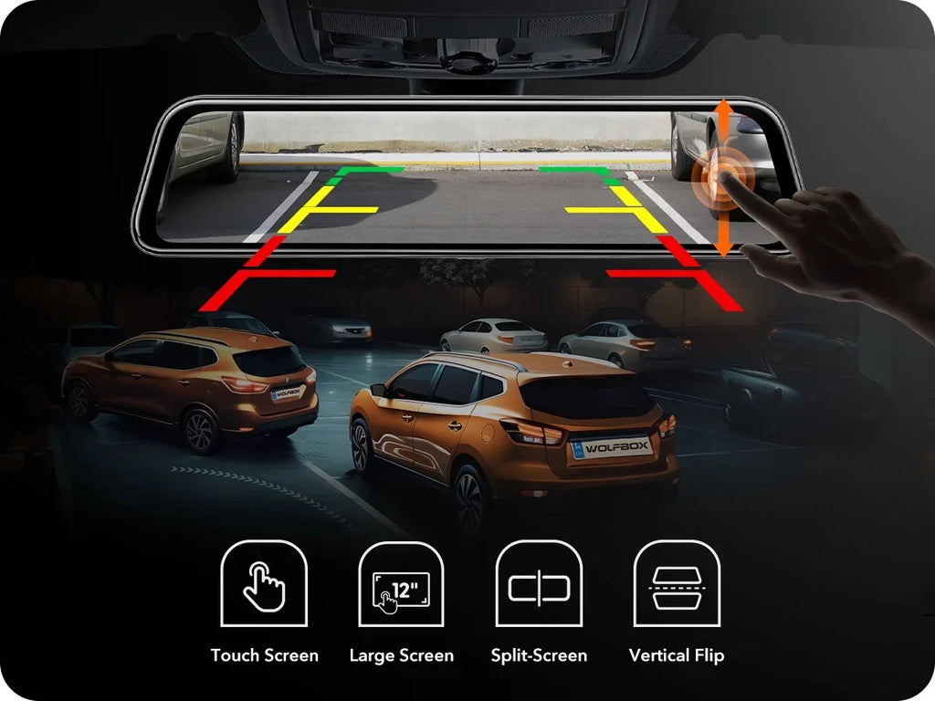Full Dash Camera, Dash GPS Mirror 32GB Card Rear with Screen, 4K Mirror Backup Parking & Touch 12" Camera Free Cam, Monitor, View WOLFBOX