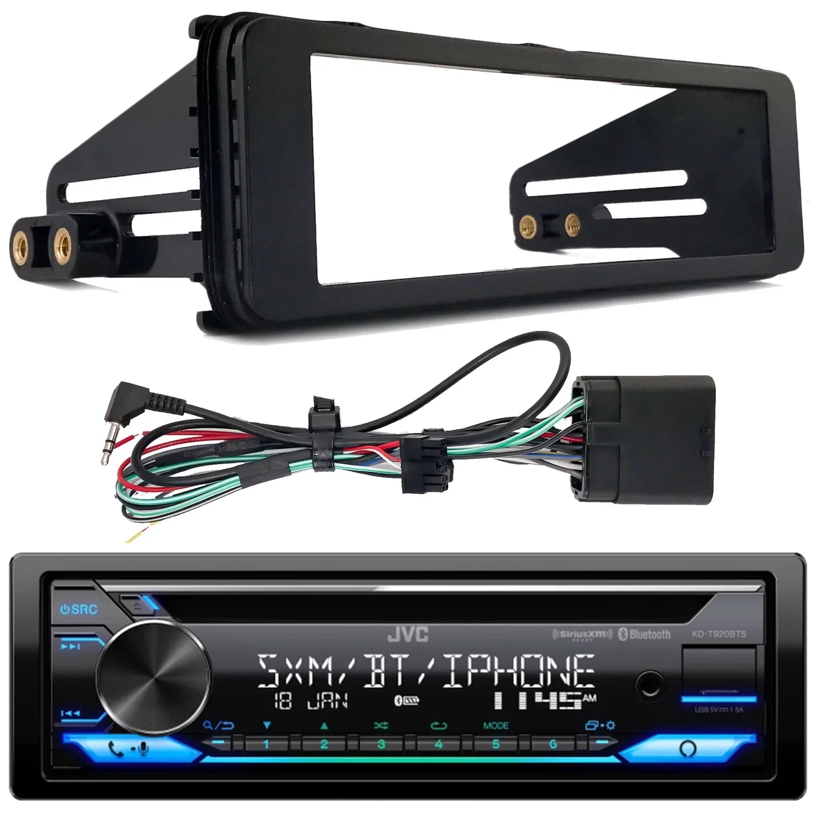 Select JVC DIN Stereo Single Player Motorcycles) CD KD-T920BTS (Fits Harley Bluetooth Radio Receiver Kit Davidson Touring USB Combo Bundle AUX Installation with AM/FM Single-DIN In-Dash 1998-2013