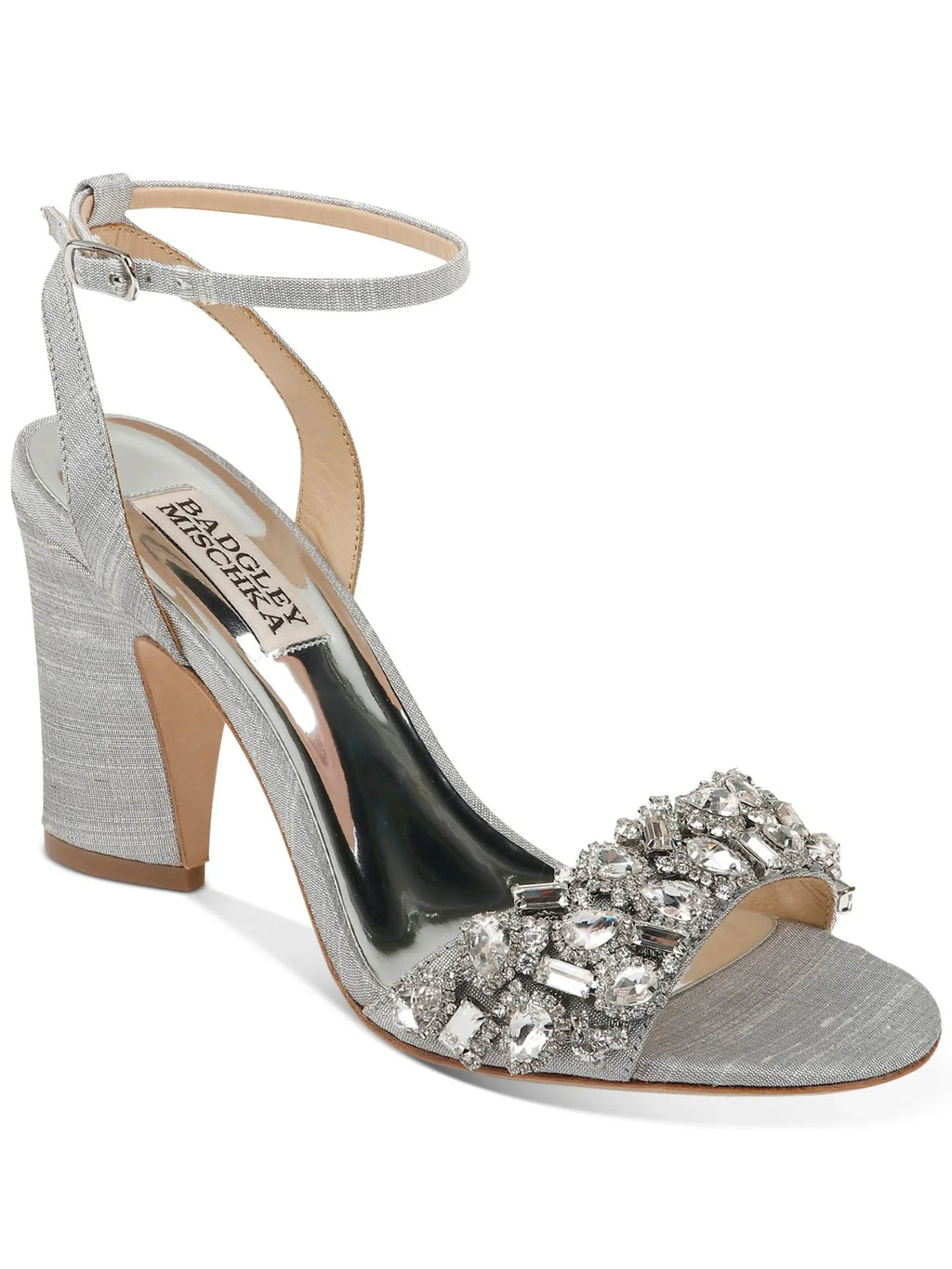 Buckle Rhinestone Toe Silver Block 7 Sandals Heel BADGLEY Shoes Womens Dress Strap Metallic MISCHKA Round Toe