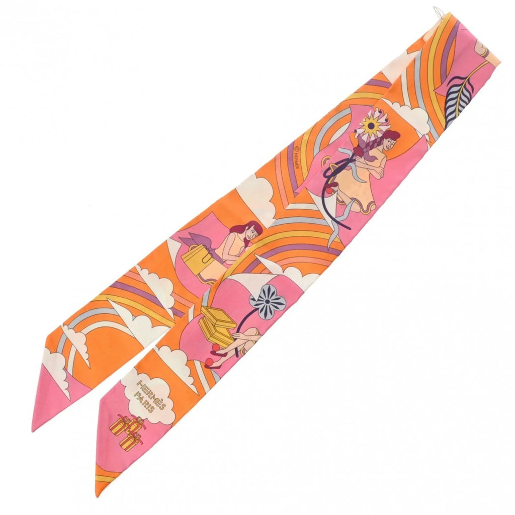 Muffler Volants Twilly (Like Carres HERMES - 100% Scarf Silk Pre-Owned Women's New) Orange/Rose/Mauve