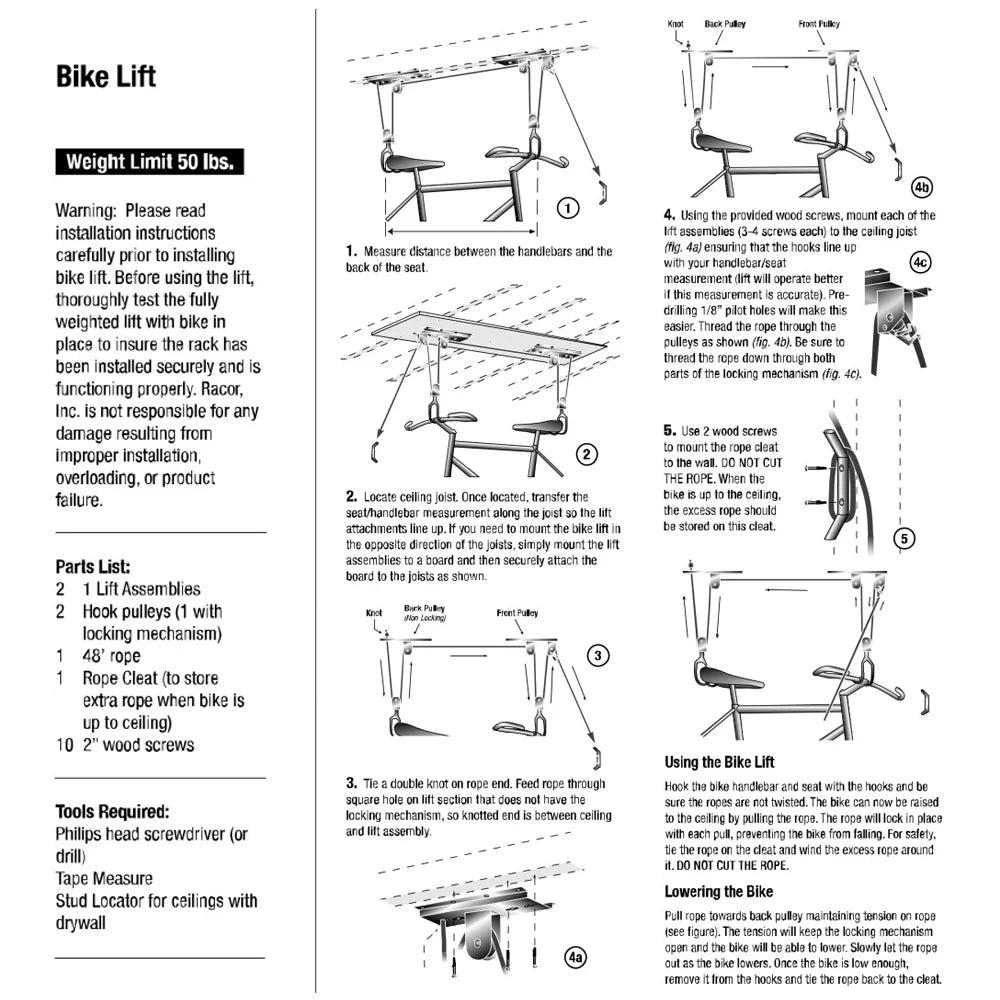 Overhead Garage Bike Radirus Duty Bike Ceiling System, Hanger, Rack Pulley Heavy Lift Storage
