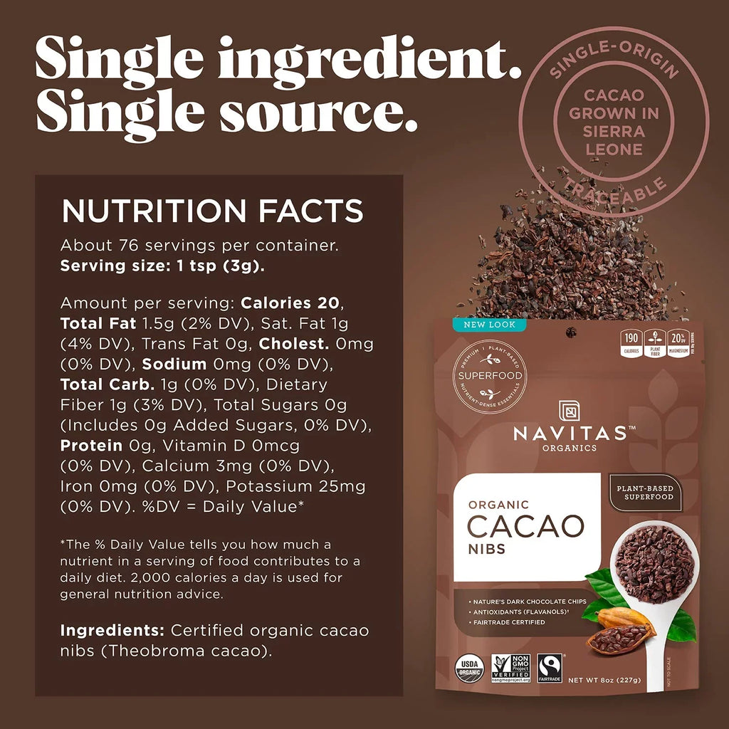 Trade, Navitas 8 Fair Organics Bag, Raw Organic, Non-GMO, Servings oz. Nibs, 76 Gluten-Free Cacao