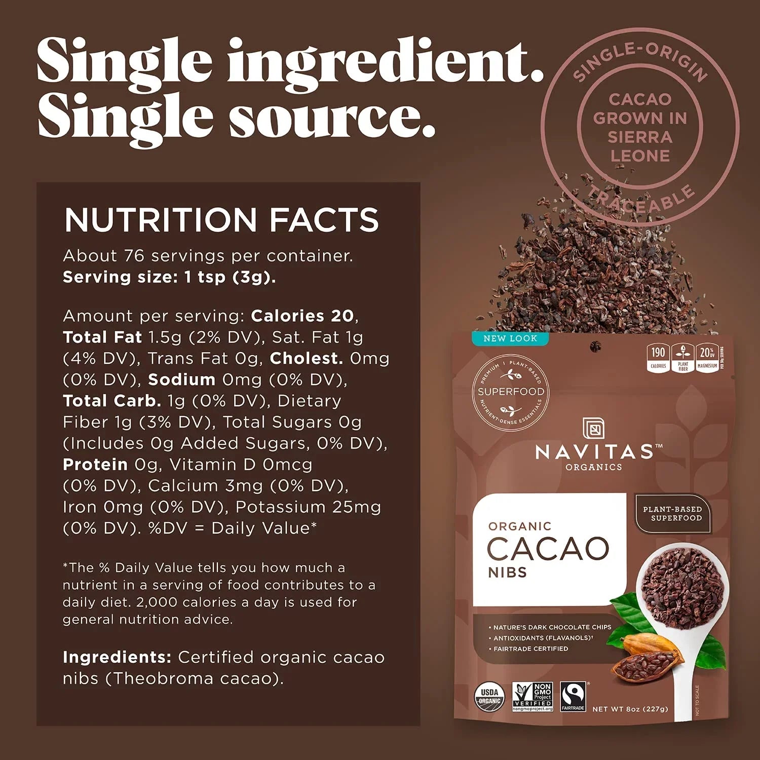 Trade, Navitas 8 Fair Organics Bag, Raw Organic, Non-GMO, Servings oz. Nibs, 76 Gluten-Free Cacao