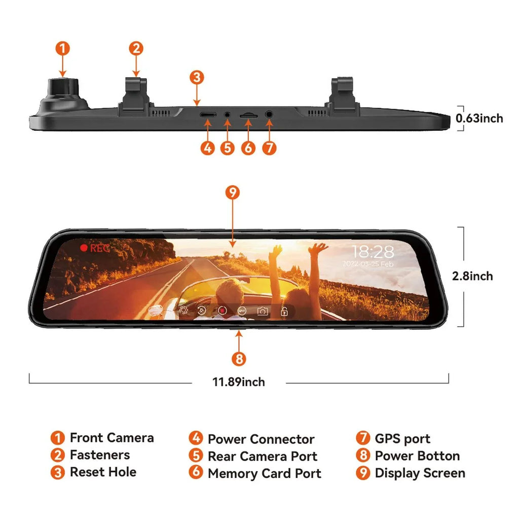 Full Dash Camera, Dash GPS Mirror 32GB Card Rear with Screen, 4K Mirror Backup Parking & Touch 12" Camera Free Cam, Monitor, View WOLFBOX