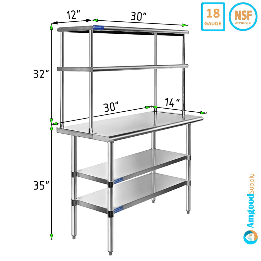 Prep Table Work With Kitchen Steel Combo Stainless Shelves Table Metal Two 14" x 30" Wide & 12" | | Double Overshelf Shelving Tier
