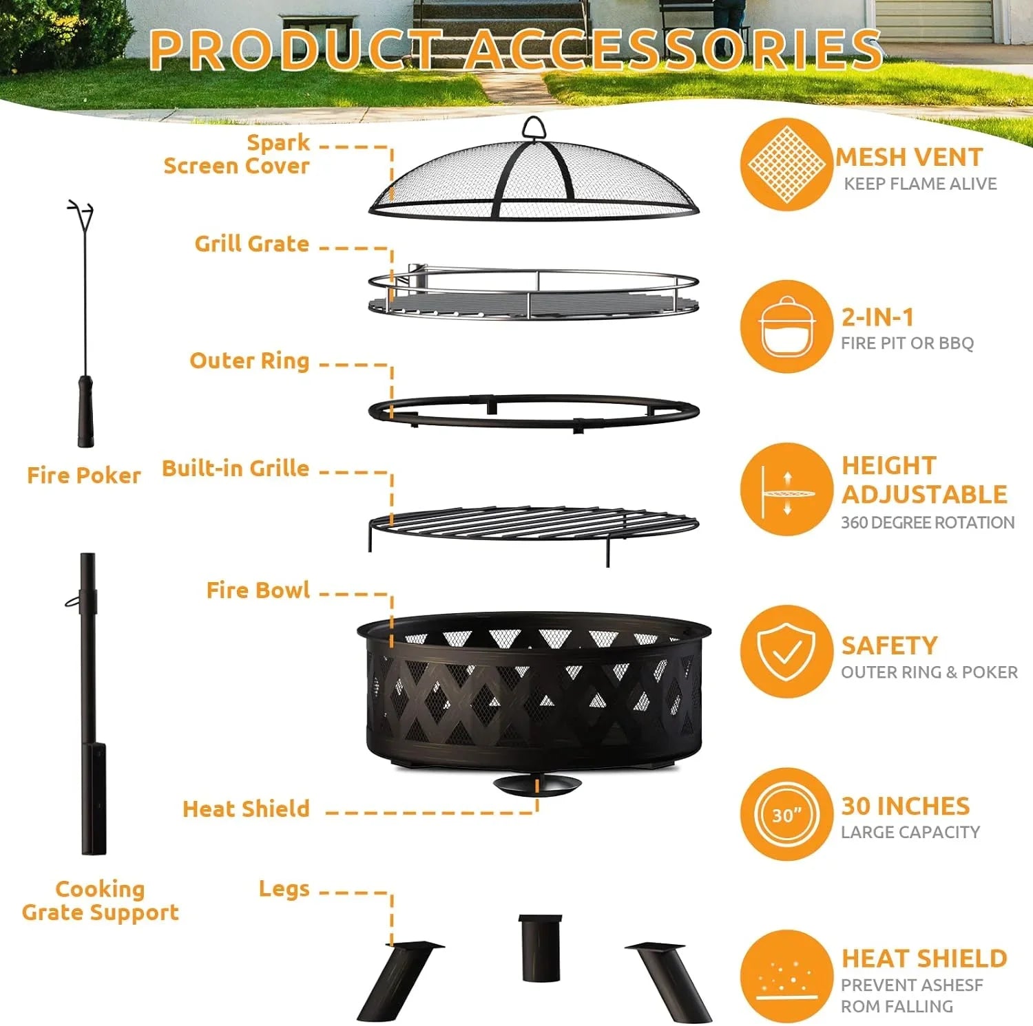Garden, Pits, Inch Bonfire, Poker Camping, Large ECOPATIO with Grill Pit for Grate, Cooking Outside, Wood Picnic Firepit Screen & Patio Burning for 30 Spark Backyard Steel Fire BBQ Outdoor Fire