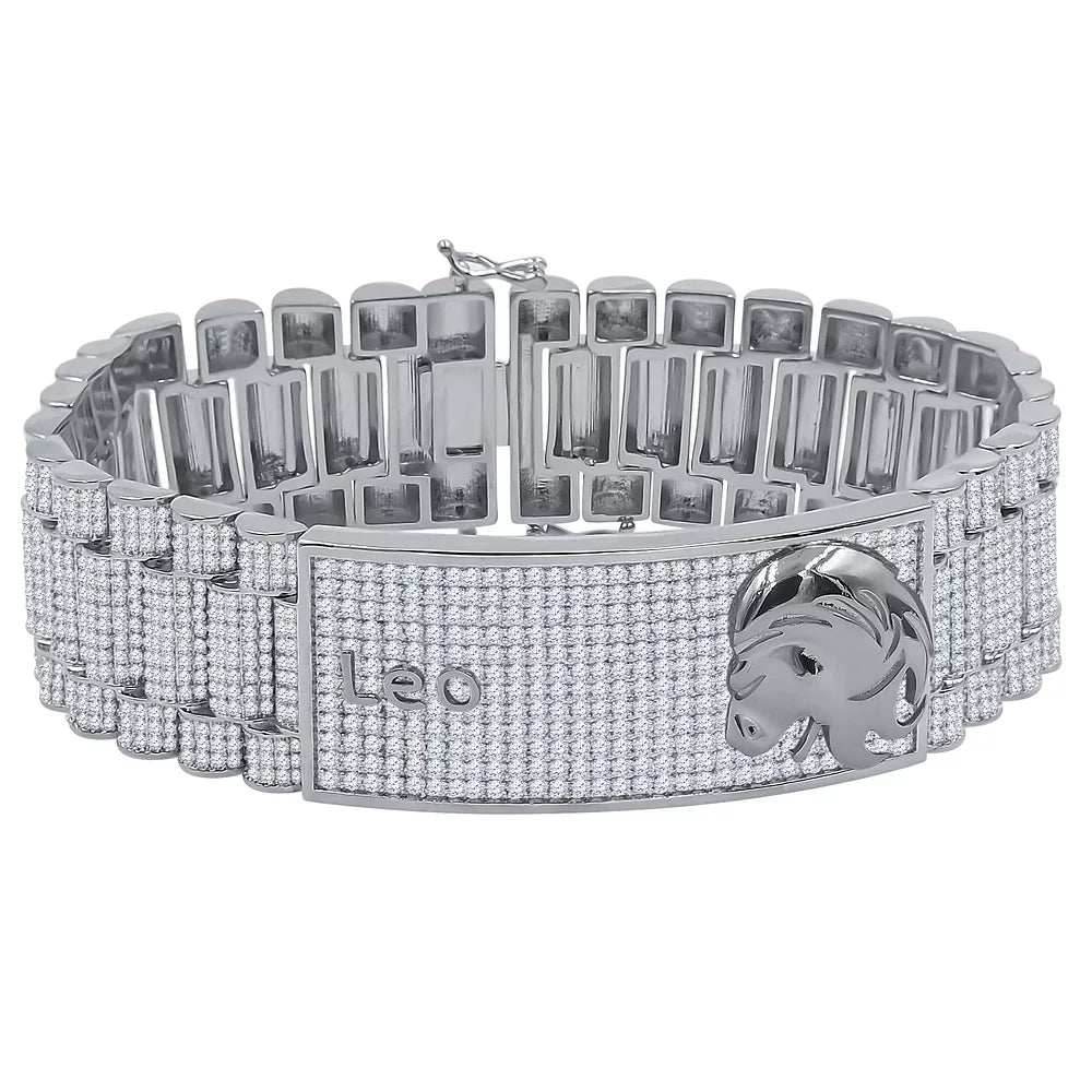 Leo Finish Sign Link Mens 14K Gold Diamond White Simulated Bracelet Lion 8.5'' Zodiac