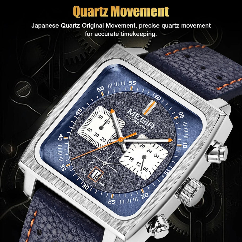 Wrist Leather Quartz Waterproof MEGIR Men Watch Square Calendar Luminous Fashion