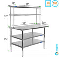Kitchen Stainless 30" Double Shelving Combo Shelves & | | Overshelf With Table Table Two Tier Steel 30" 12" Metal Wide x Work Prep
