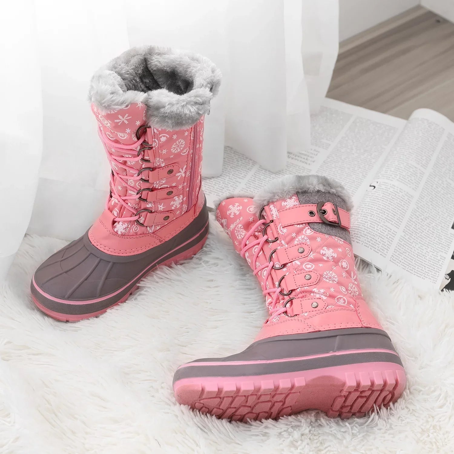 Lace PINK Warm Girls Shoes Winter Ankle Boots Dream Waterproof Snow Size Boys 12 Pairs Boots Up KRIVER-1