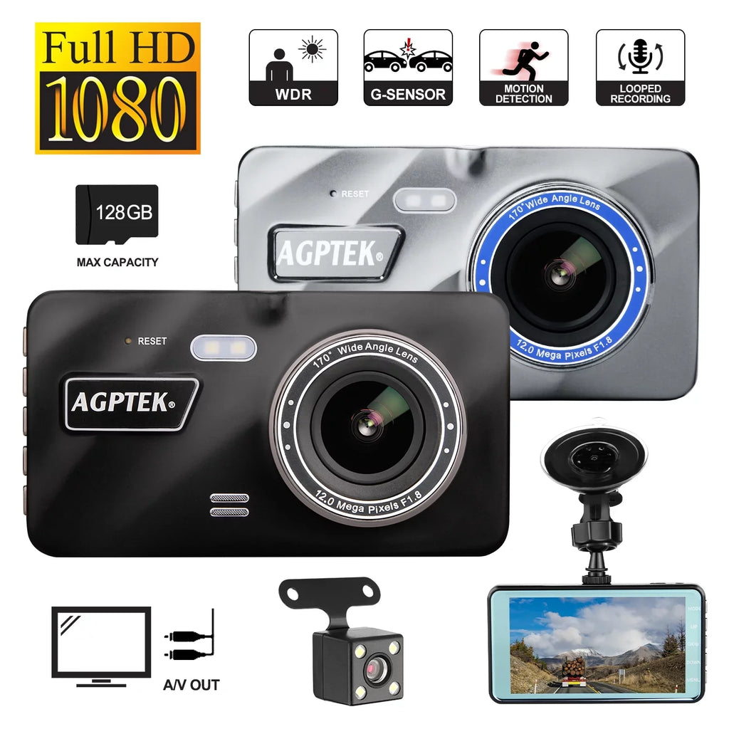 Dashboard 4" AGPtek Vision Camera 1080P Recorder Night Monitor Video Parking Camera Car DVR Vehicle Dash G-Sensor