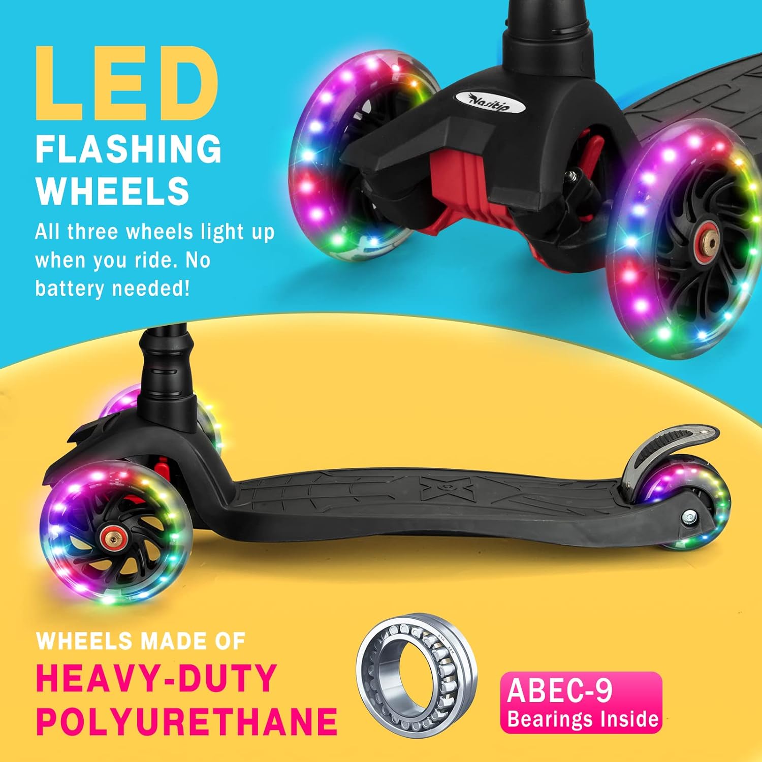to Collapsible 12 with Portable Scooter Bearing, 3 Old(Black) Push 3 Boys for Scooter Height, from Kick Girls Wheels Years Kids Toddlers Light AEBC-9 Up 4 Adjustable