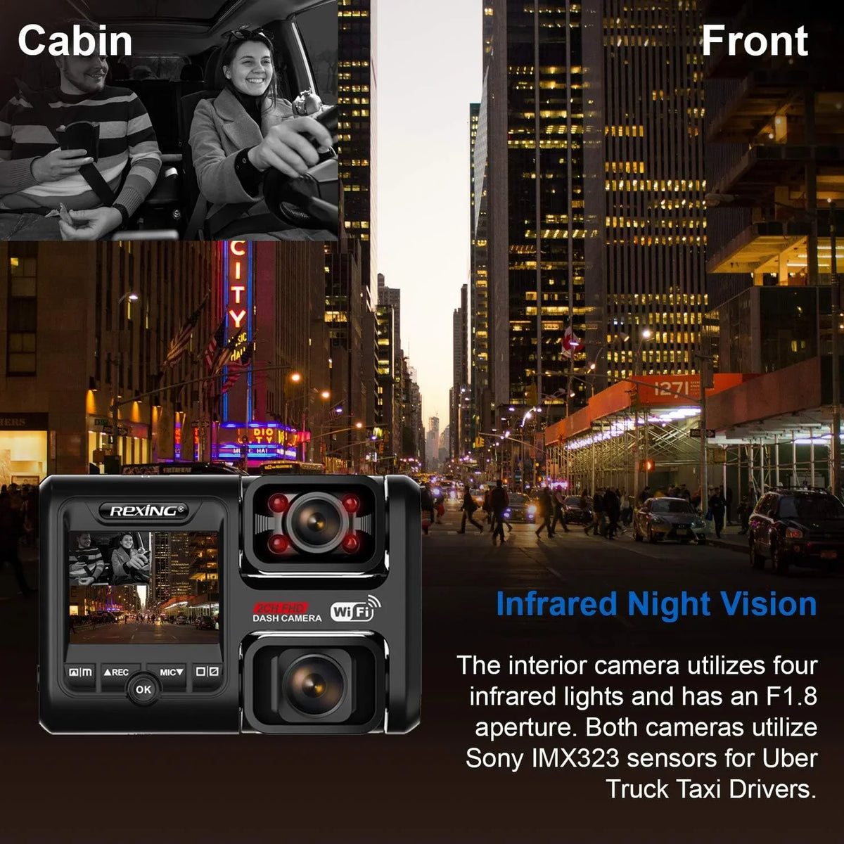 Front Cabin Full Inside HD 1080p Dash and W202 Wi-Fi Rexing Box Open Cam