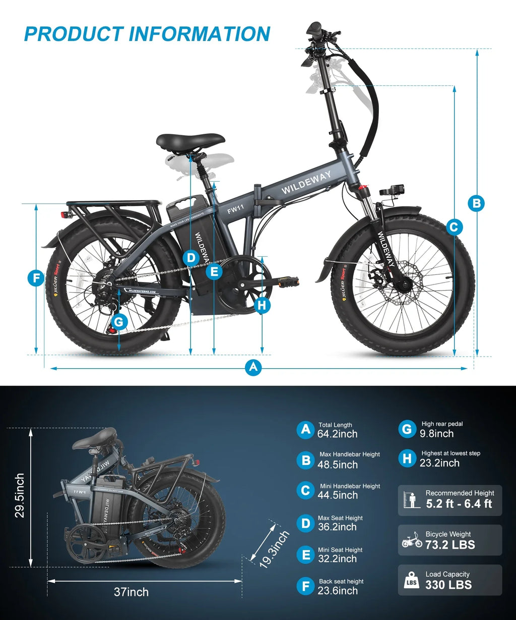 Snow Speeds, ,750w Adults Fat 32ah Wildeway 7 Electric Battery Folding Motor，48v Mountain 20×3.0 City Ebike Removable for Tire , Bicycle Beach