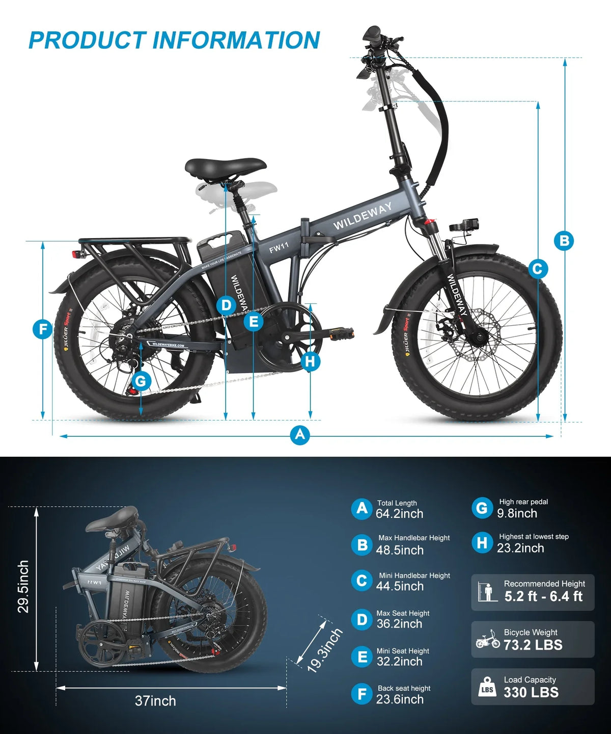 Snow Speeds, ,750w Adults Fat 32ah Wildeway 7 Electric Battery Folding Motor，48v Mountain 20×3.0 City Ebike Removable for Tire , Bicycle Beach