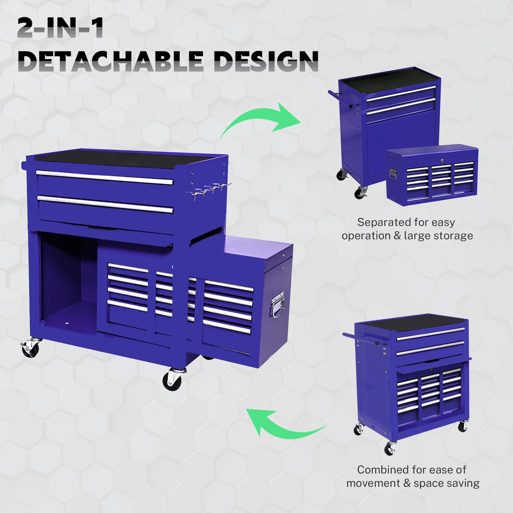 & 2-IN-1 On Hidden Blue Lockable Tool Wheels Cabinet Large Chest Sliding Tool with 8 Tool Drawers, Tool Double Box Organizer Rolling Box, with Drawers, Chest Drawers, Capacity with
