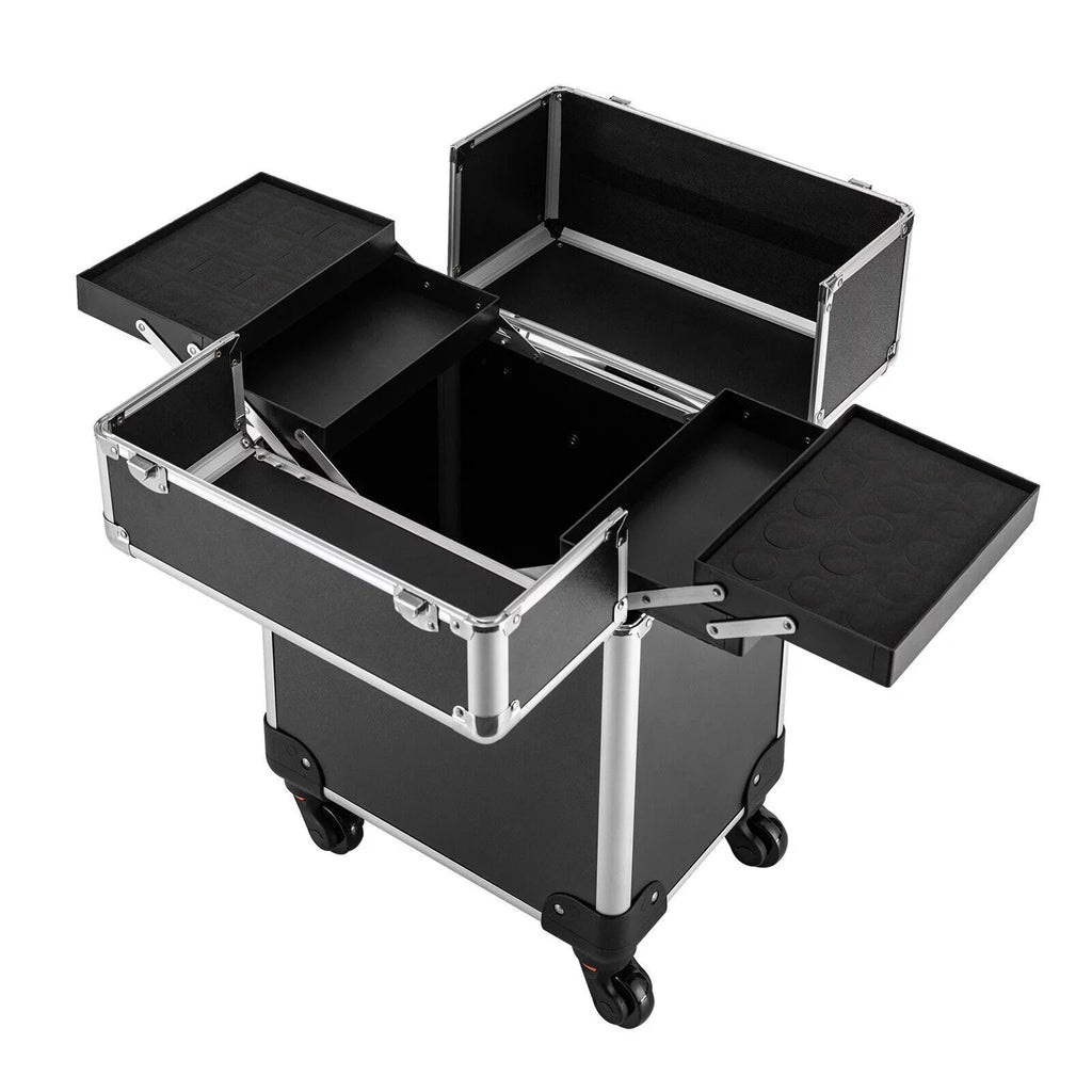 Rolling Cosmetic Case Beauty Hairdresser Wheels Organizer Tool Barber Salon Trunk Train Luggage (Black) Case Trolley, Box Makeup Nail Lockable Stylist Travel Swivel Cart with