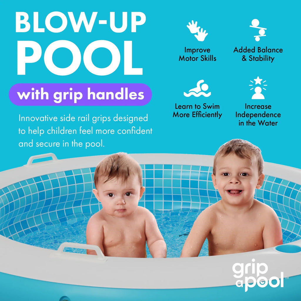 5 Grip Round 6 Bars Perfect Handle and Large Floor Swimming 60"x22" Ages Pool - 7 Drain with Kids Adults Kiddie Padded Blow Kid 4 Round 8+ Pool for and with Inflatable Up