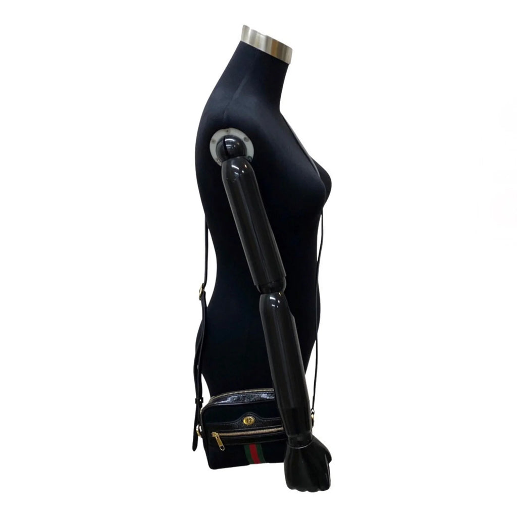 Leather Line Enamel Genuine Black Pre-Owned Shoulder Mini (Good) GUCCI Suede Gucci Sherry Ophidia Bag Hardware GG