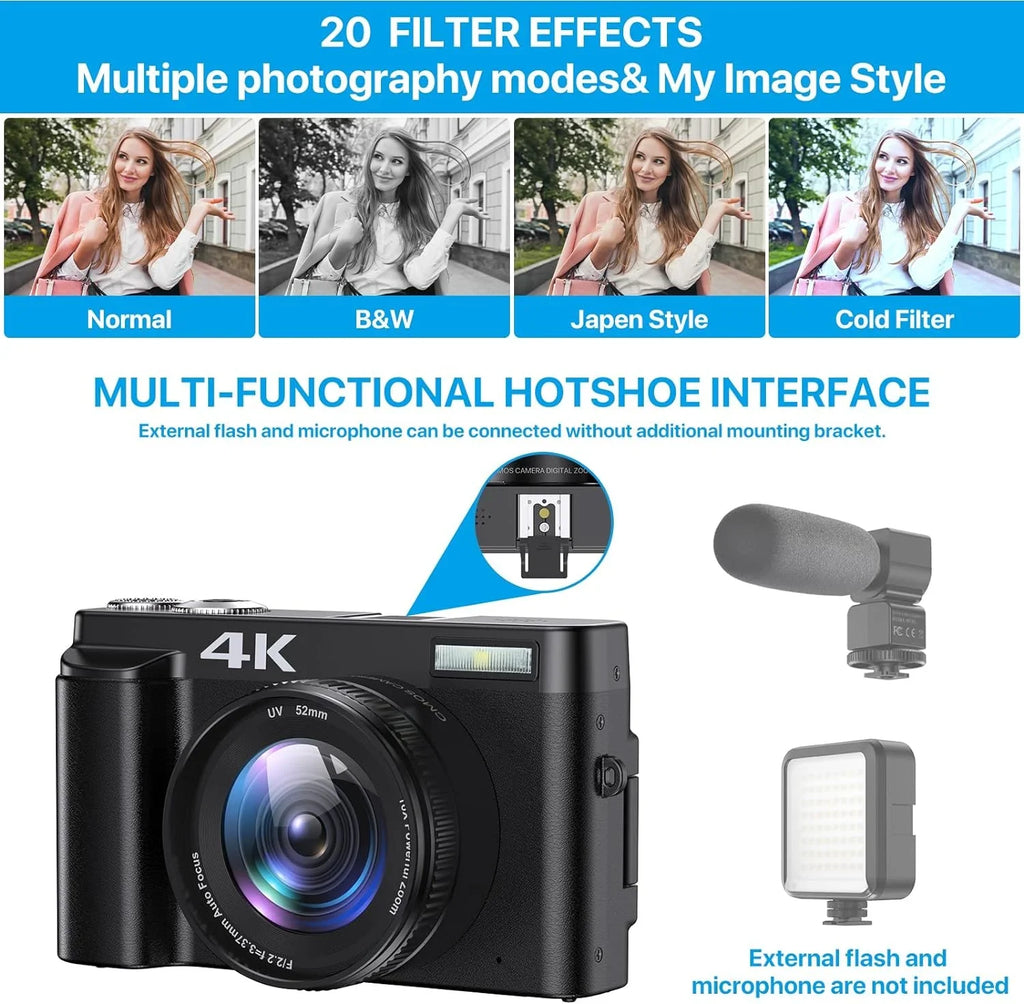 for Camera Zoom Camera 32GB Cameras Autofocus Vlogging 4K Card Digital Digital Video YouTube 16X with for Photography 48MP
