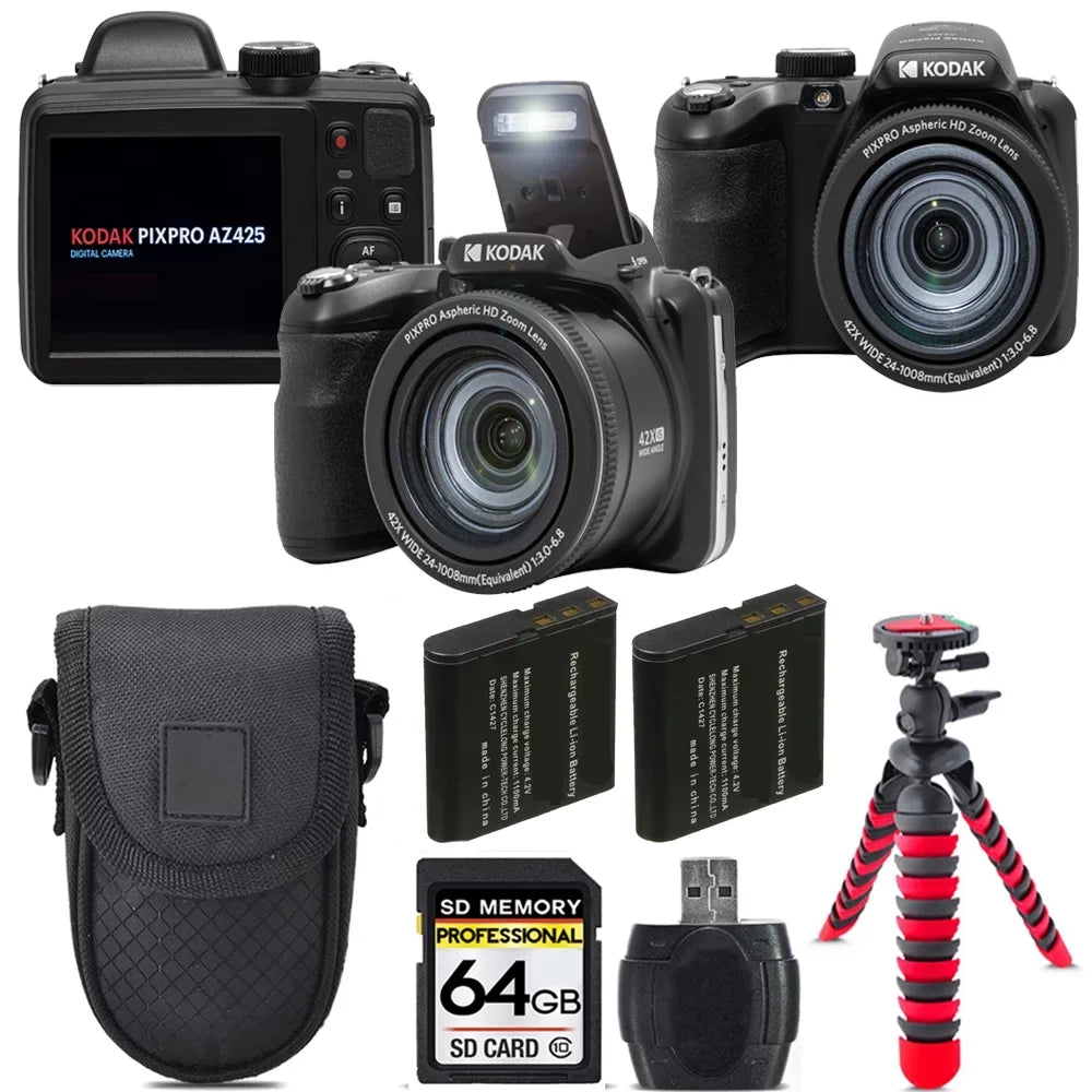 Case Extra (Black) -64GB Camera Digital AZ425 Kit Battery + PIXPRO +Tripod Kodak +