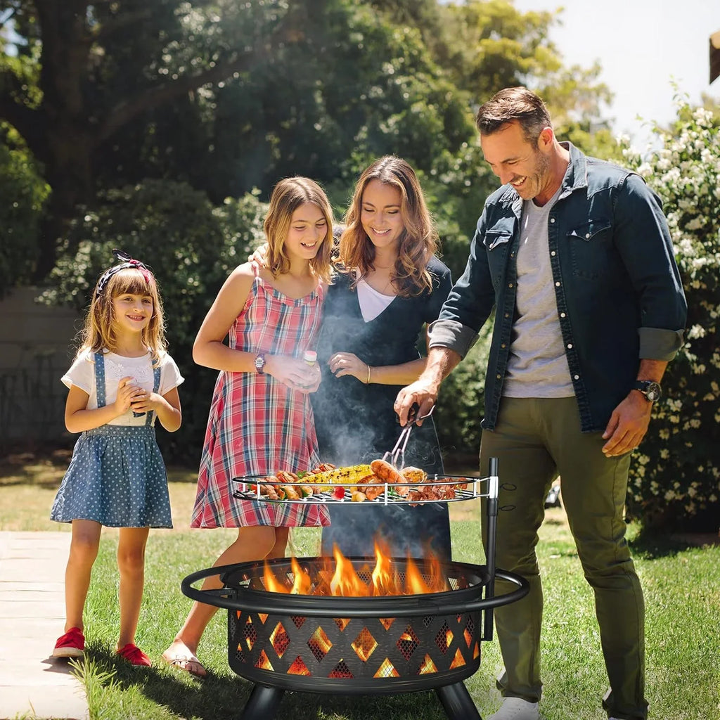 Garden, Pits, Inch Bonfire, Poker Camping, Large ECOPATIO with Grill Pit for Grate, Cooking Outside, Wood Picnic Firepit Screen & Patio Burning for 30 Spark Backyard Steel Fire BBQ Outdoor Fire