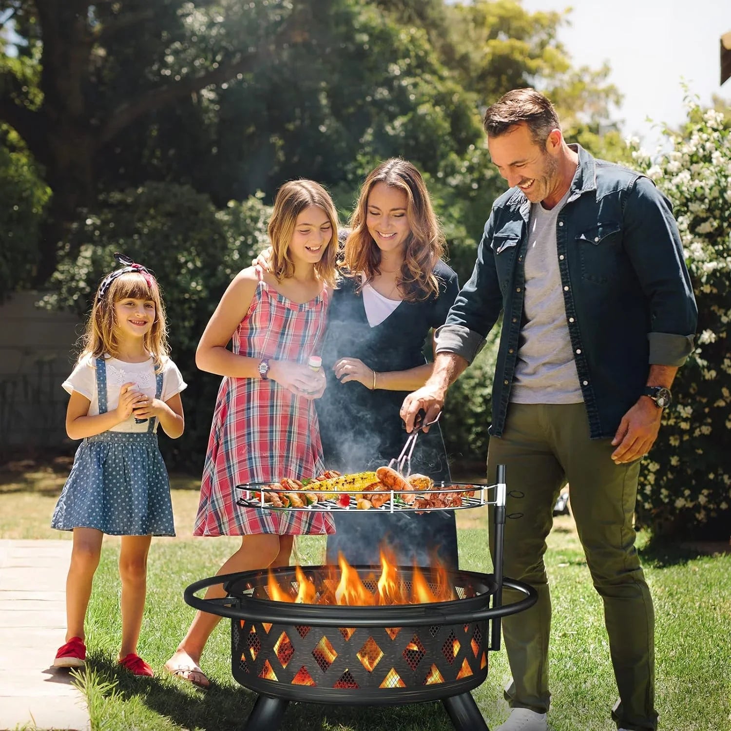 Garden, Pits, Inch Bonfire, Poker Camping, Large ECOPATIO with Grill Pit for Grate, Cooking Outside, Wood Picnic Firepit Screen & Patio Burning for 30 Spark Backyard Steel Fire BBQ Outdoor Fire