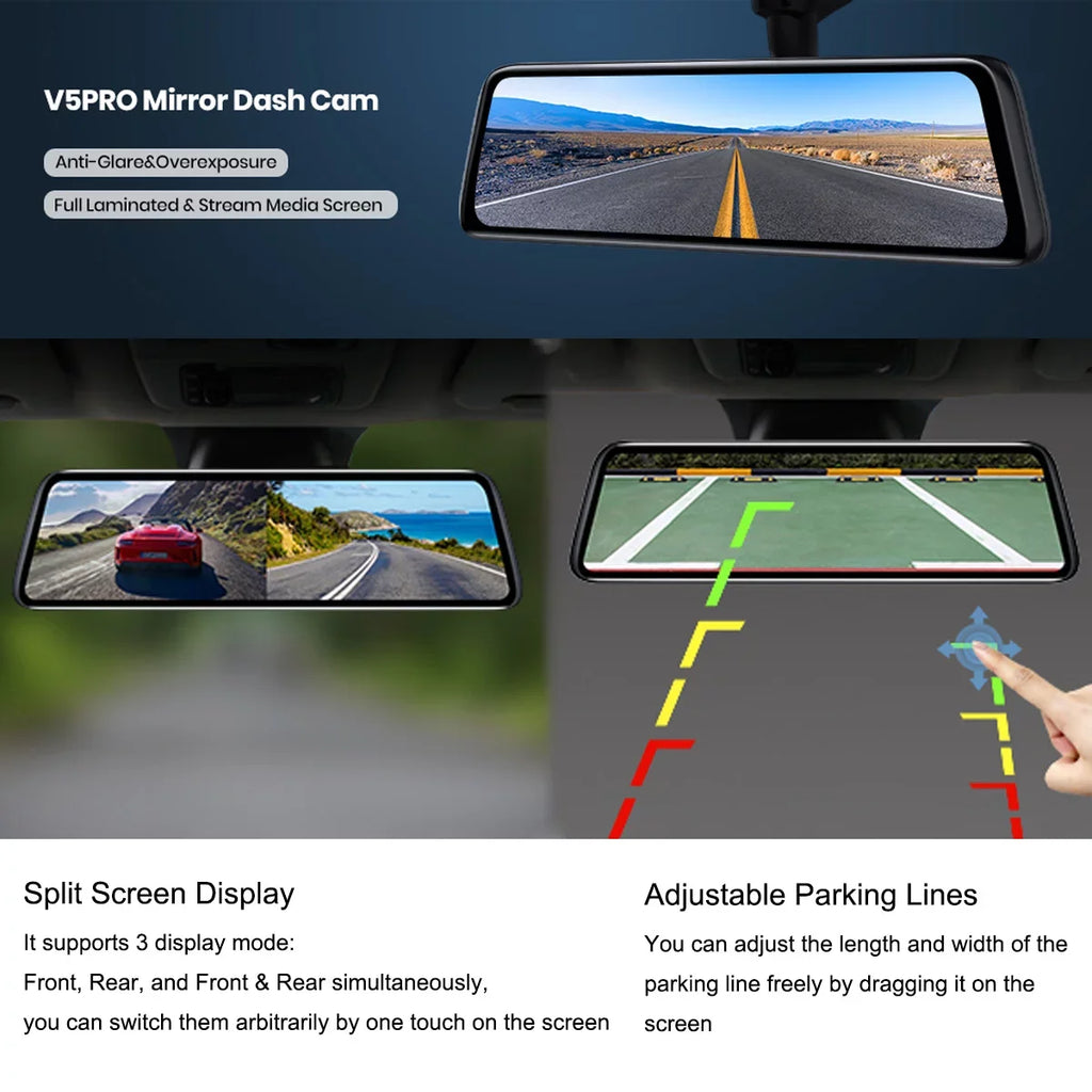 Recorder Dash Dual Smart HD Full Rear Screen Camera Touch View Cam Driving 9.35inch Mirror Backup Auto-Vox Reverse