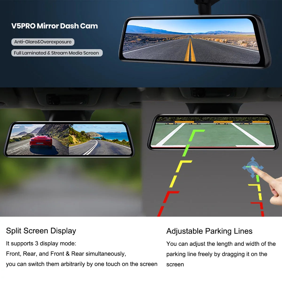 Recorder Dash Dual Smart HD Full Rear Screen Camera Touch View Cam Driving 9.35inch Mirror Backup Auto-Vox Reverse