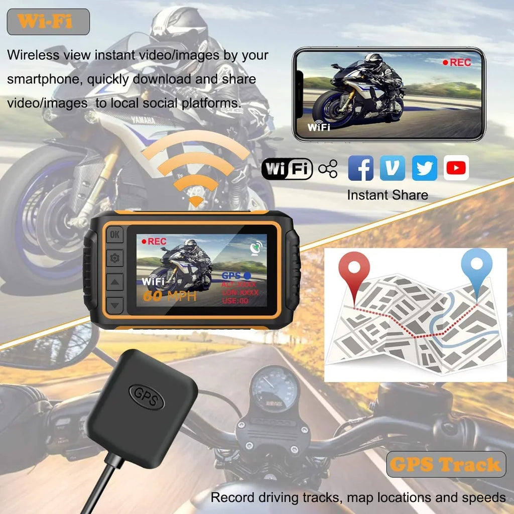 Waterproof Wide LCD GPS, Recording and Lens Waterproof Angle Motorcycle, with ZOMFOM 150° Dash for Camera up Max Wired G-Sensor, Rear 1080P Cam EIS to 256GB Wi-Fi, 3'' and FHD Control, Front