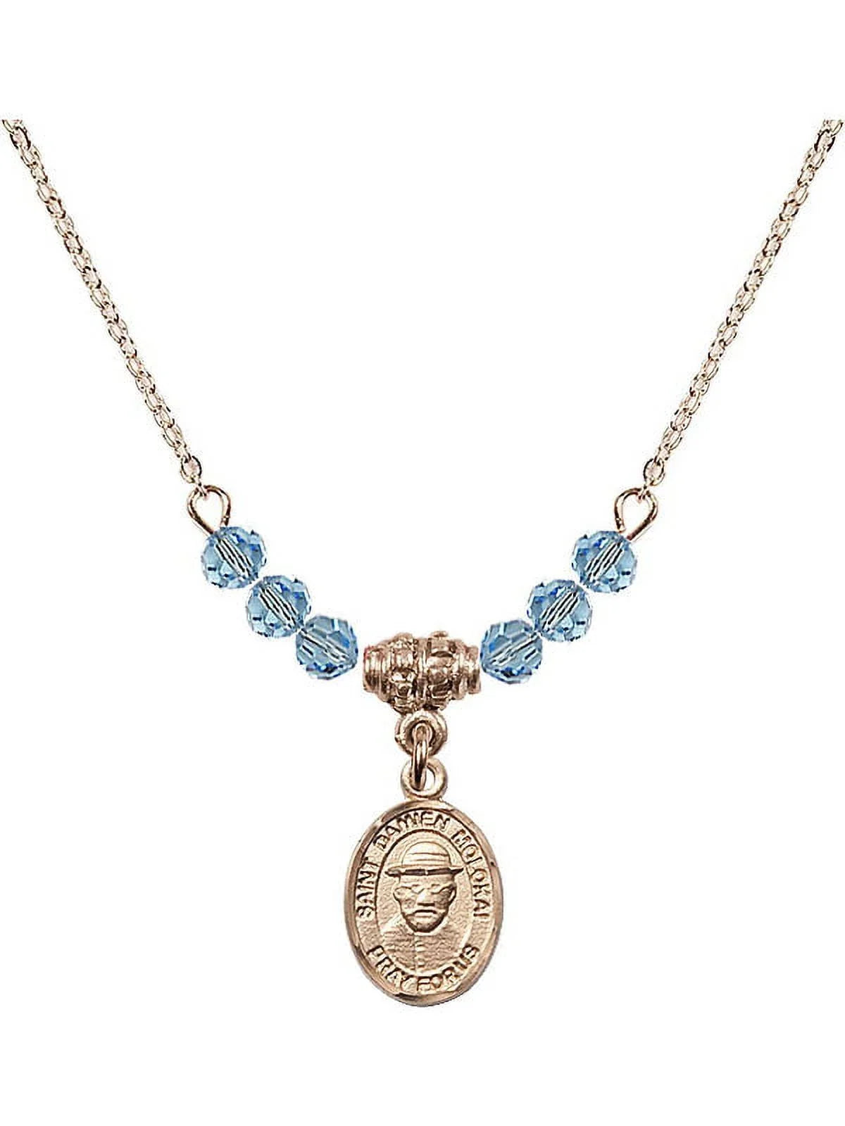 Beads Month 4mm March Charm Gold Plated Hamilton Stone Damien of Blue 18-Inch and Birth Molokai Necklace Saint with