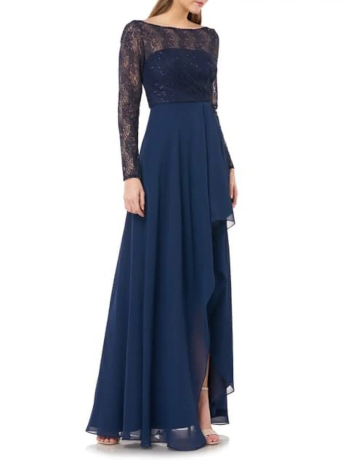 Navy Lace MARC Sleeve Formal Womens Long Neck 4 Boat Maxi Ruffled Dress CARMEN Sequined VALVO