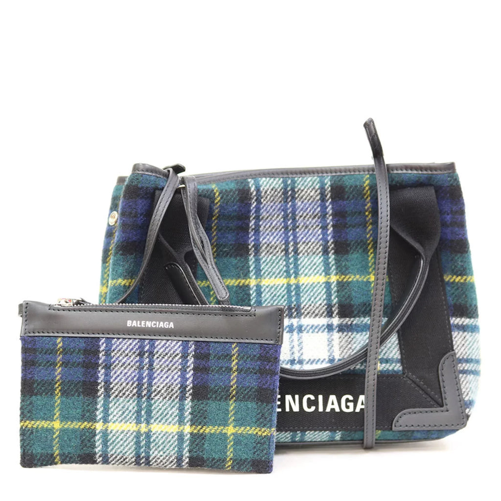 Navy Small Balenciaga Men's Pre-Owned Cabas Women's Green Plaid (Fair) Handbag