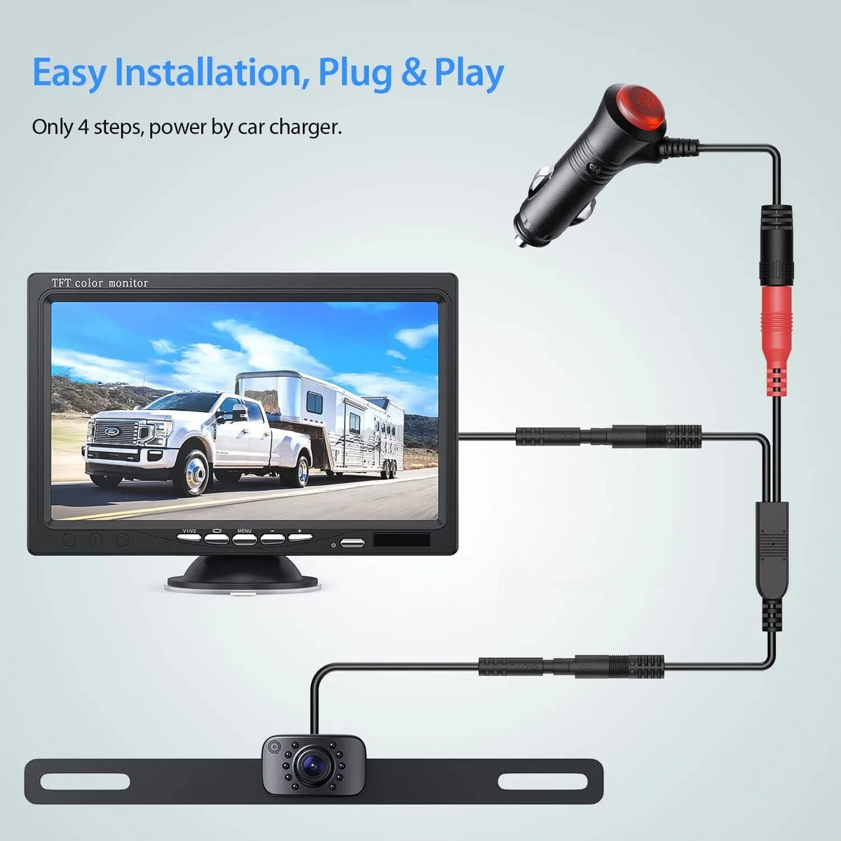 & eRapta DIY Truck Camera up Back Backup Waterproof Front Car 7'' Rear View Night Lines Camera AY7 Monitor or Grid for Vision 1080P IP69