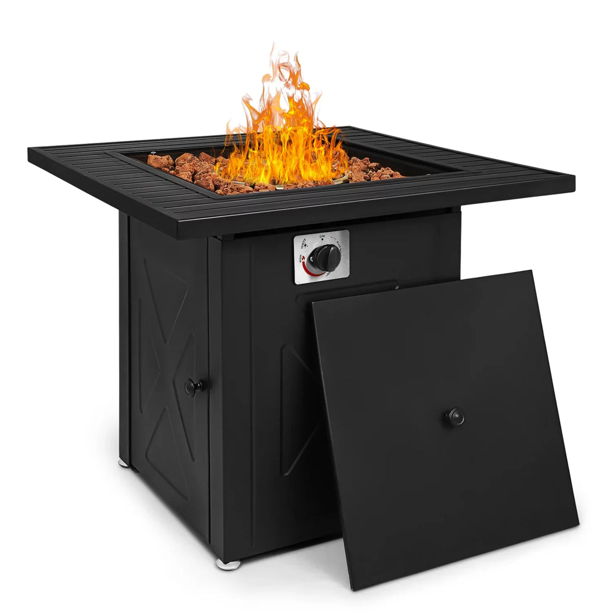 50,000 Lid MoNiBloom Gas Propane Metal Black Outdoor Fire Lava with Pit Table and Square Table Patio, Fire BTU Pit for Rocks 28"