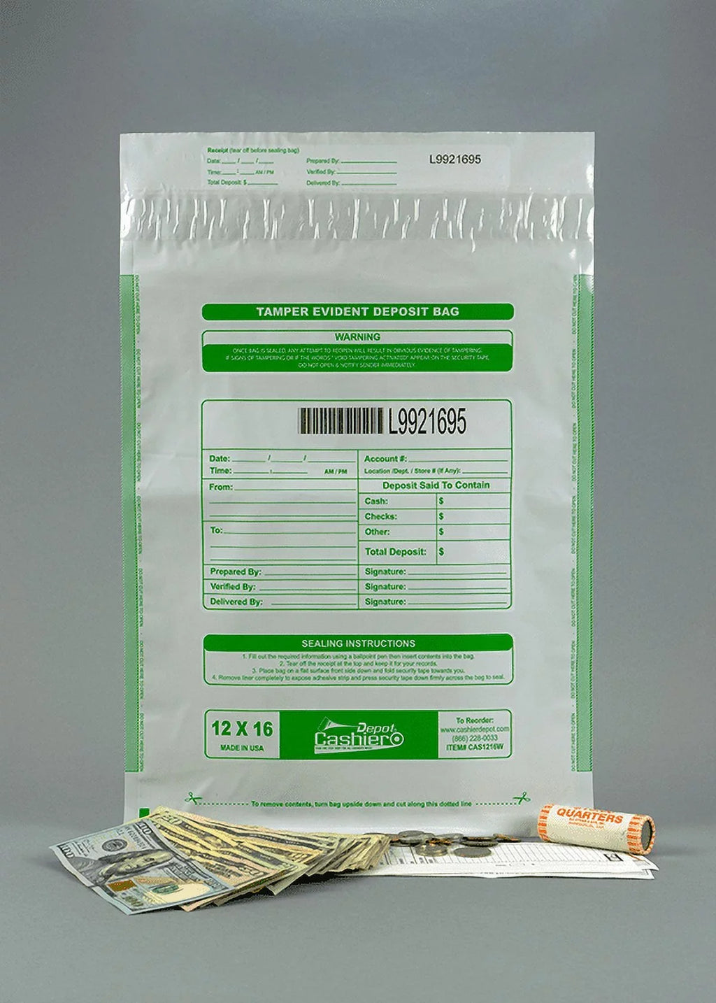 Tape Void Seal Bags, Depot Barcode, 16" & Closure White, Tamper Press (100 x Deposit Evident Bags) Serialized Numbering, Cashier 12"