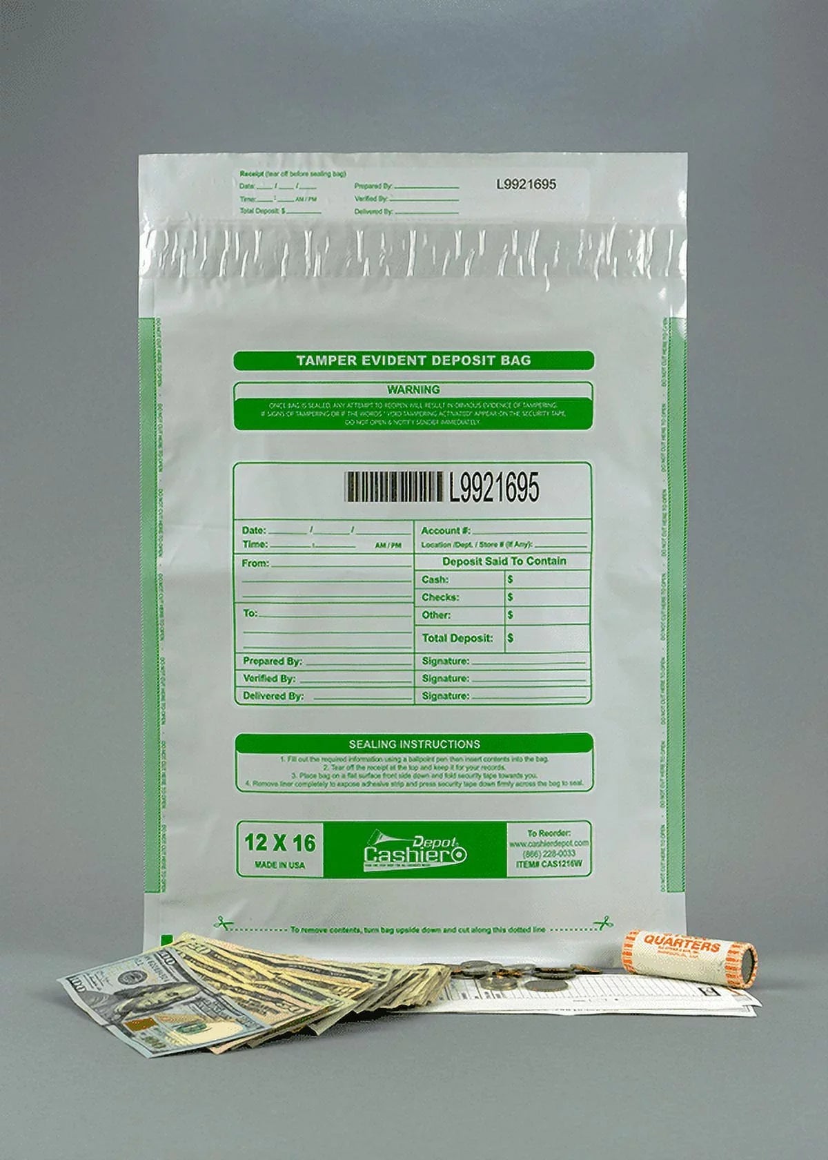 Tape Void Seal Bags, Depot Barcode, 16" & Closure White, Tamper Press (100 x Deposit Evident Bags) Serialized Numbering, Cashier 12"