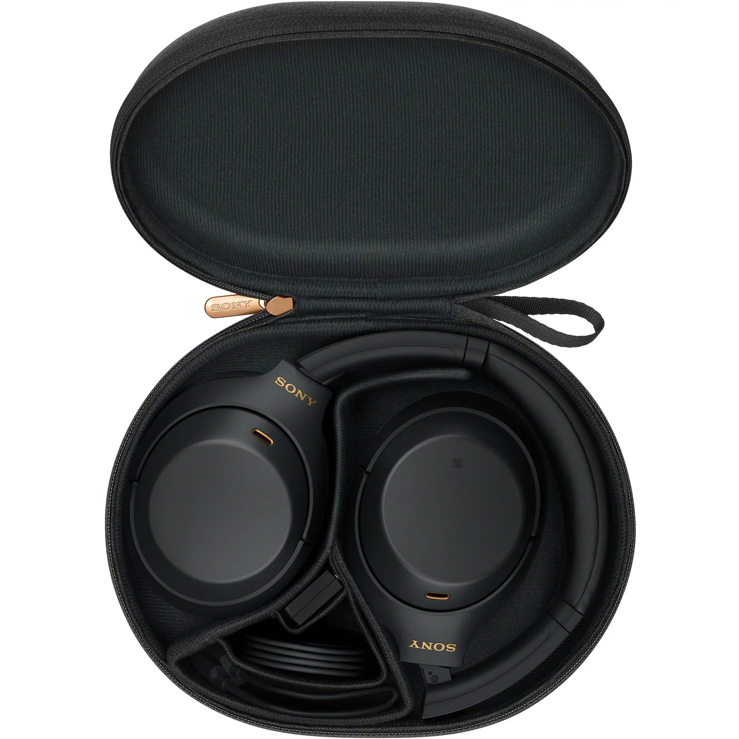 Connection WH-1000XM4 Type-C for Compact Cable, USB Wireless - Headphones Carry Plug Cloth Cable, Sony In-Flight Over-Ear Includes: Case & Microfiber Use, Noise-Canceling Adapter (Black) Cleaning